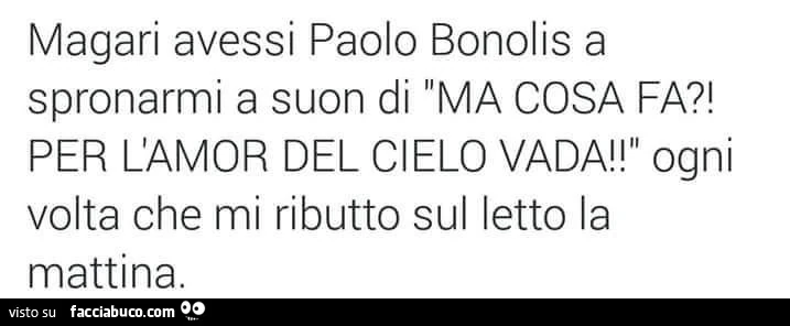 Magari avessi Paolo Bonolis a spronarmi a suon di "ma cosa fa? Per l'amor del cielo vada!" Ogni volta che mi ributto sul letto la mattina