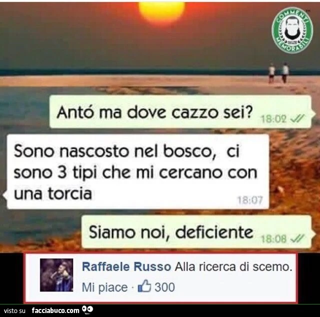 Antò ma dove cazzo sei? Sono nascosto nel bosco, ci sono 3 tipi che mi cercano con la torcia. Siamo noi, deficiente. Alla ricerca di scemo