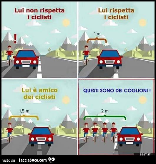 Lui non rispetta i ciclisti. Lui rispetta i ciclisti. Lui è amico dei ciclisti. Questi sono dei coglioni