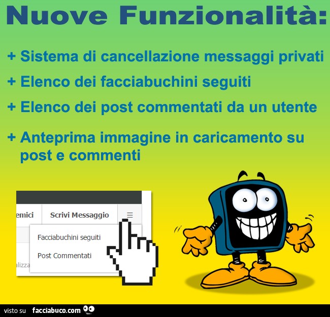 Nuove funzionalità su Facciabuco: sistema cancellazione messaggi privati; elenco dei facciabuchini seguiti