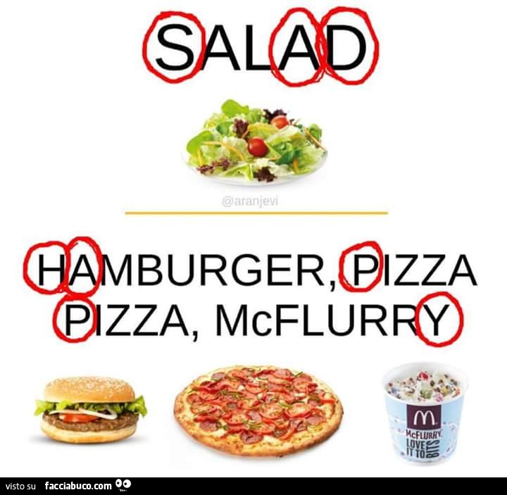 Salad. Hamburger, pizza, McFlurry. Sad vs Happy