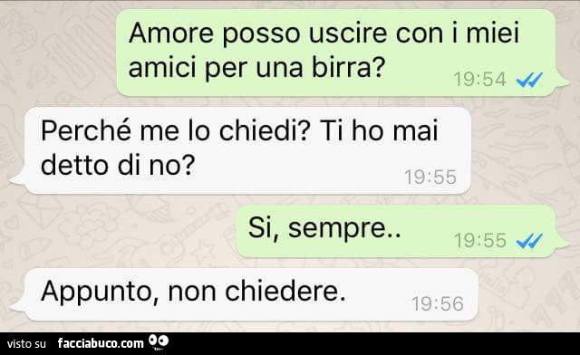 Amore posso uscire con i miei amici per una birra? Perchè me lo chiedi? Ti ho mai detto di no? Si sempre. Appunto, non chiedere