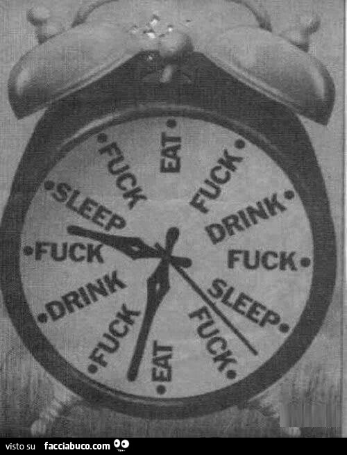 Una sveglia particolare. Eat, fuch, drink, fuck, sleep, fuck
