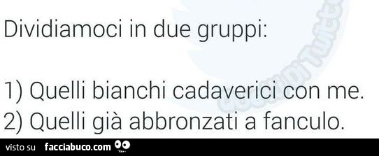 Dividiamoci in due gruppi: quelli bianchi cadaverici con me. Quelli già abbronzati a fanculo