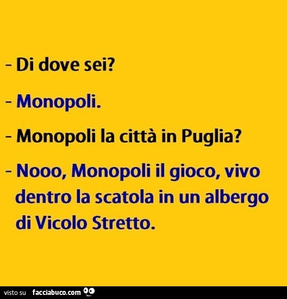 Di dove sei? Monopoli. Monopoli la città in Puglia? No, Monopoli il gioco, vivo dentro la scatola in un albergo di Vicolo Stretto