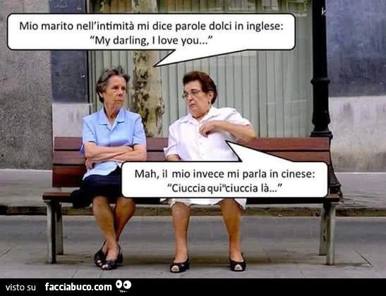 Mio marito nell'intimità mi dice parole dolci in inglese: My darling, I love you. Mah, il mio invece mi parla in cinese: ciuccia qui, ciuccia là