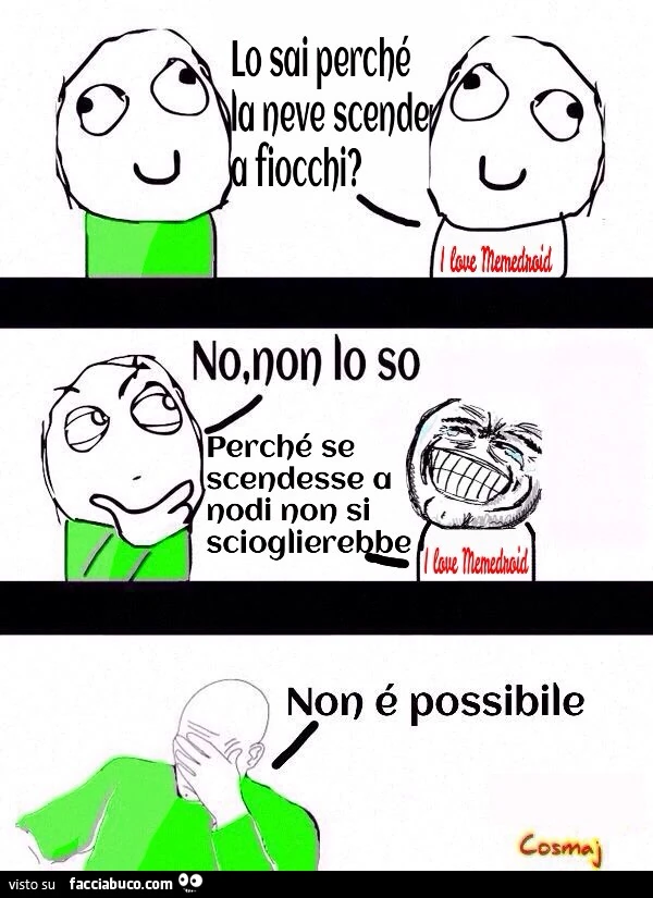 Lo sai perchè la neve scende a fiocchi? No, non lo so. Perchè se scende a nodi non si scioglierebbe. Non è possibile