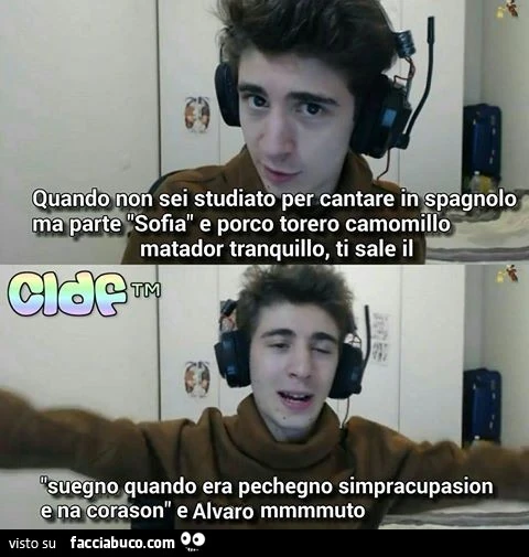 Quando non sei studiato per cantare in spagnolo ma parte Sofia e porco torero camomillo matador tranquillo, ti sale il suegno quando era pechegno simpracupasion e na corason, e Alvaro muto