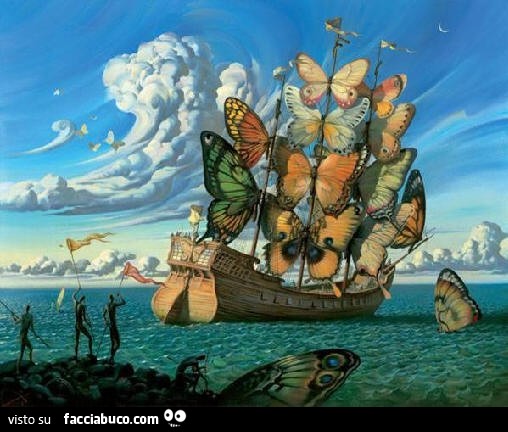 Illustrazione veliero con le vele formate da gigantesche farfalle