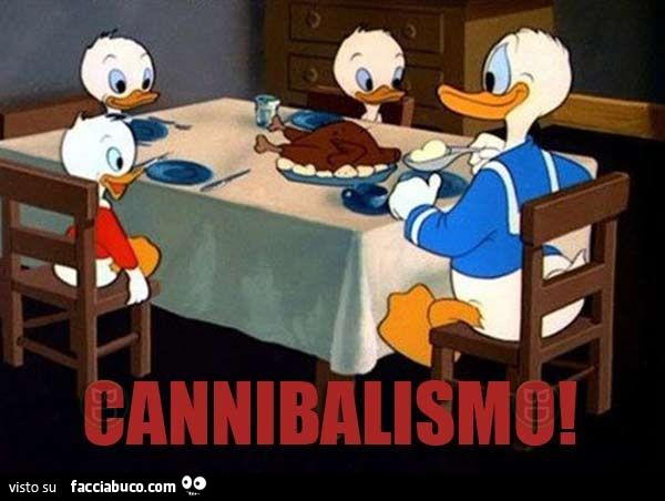 Quì, Quò e Quà a cena con Paperino che mangiano pollo. Cannibalismo