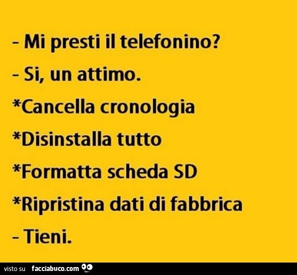 Mi presti il telefonino? Si, un attimo. Cancella cronologia. Disinstalla tutto. Formatta scheda SD. Ripristina dati di fabbrica. Tieni