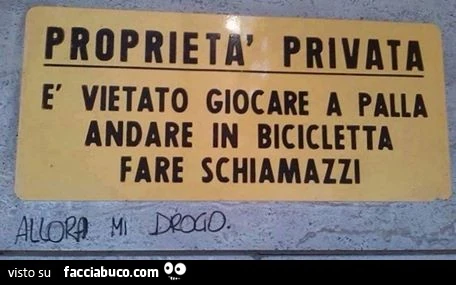 Proprietà privata. È Vietato giocare a palla, andare in bicicletta, fare schiamazzi. Allora mi drogo