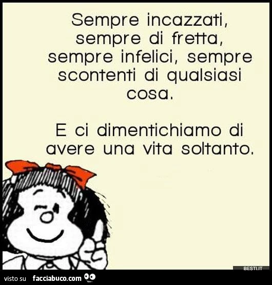 Sempre incazzati, sempre di fretta, sempre infelici, sempre scontenti di qualsiasi cosa. E ci dimentichiamo di avere una vita soltanto