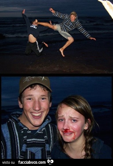 Foto con salto acrobatico si trasforma in calcio in faccia alla ragazza