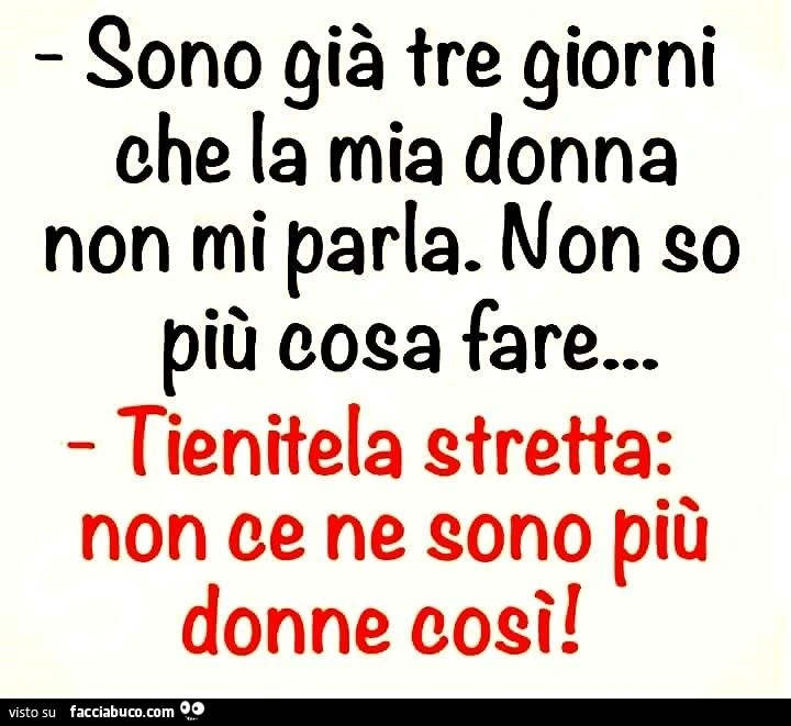 Sono già tre giorni che la mia donna non mi parla. Non so più cosa fare. Tienitela stretta
