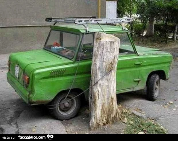 Vecchia automobile malandata legata al tronco