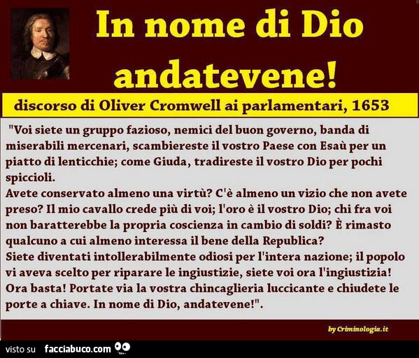 In nome di Dio andatevene! Discorso di Oliver Cromwell ai parlamentari, 1653