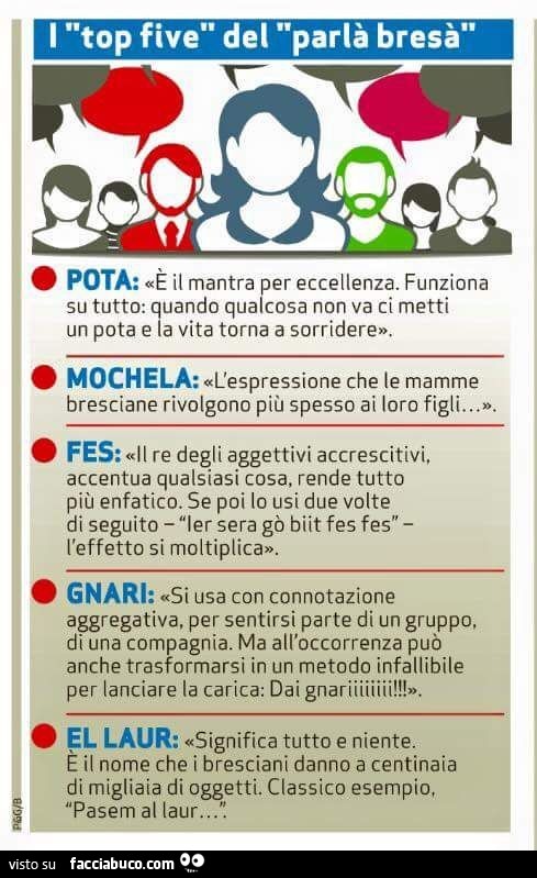 I top five del parlà bresà: pota, mochela, fes, gnari, el laur
