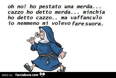 Oh no! Ho pestato una merda. Cazzo ho detto merda. Minchia ho detto cazzo. Ma vaffanculo io nemmeno mi volevo fare suora