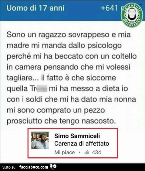 Sono un ragazzo sovrappeso e mia madre mi manda dallo psicologo perchè mi ha beccato con un coltello in camera pensando che mi volessi tagliare. Il fatto è che siccome quella troia mi ha messo a dieta io con i soldi che mi ha dato mia nonna mi sono compra