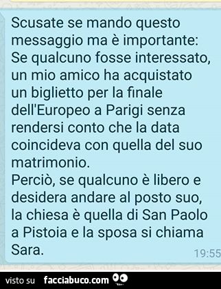 Se qualcuno fosse interessato, un mio amico ha acquistato un biglietto per la finale dell'Europeo a Parigi