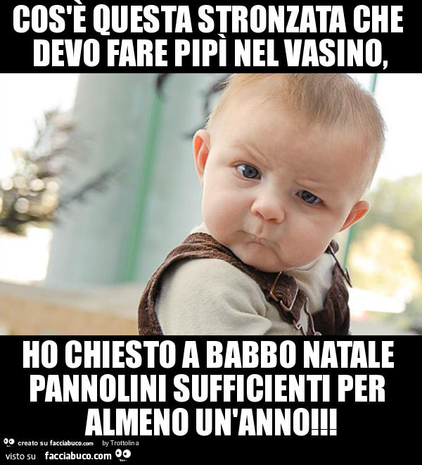 Cos'è questa stronzata che devo fare pipì nel vasino, ho chiesto a babbo natale pannolini sufficienti per almeno un'anno