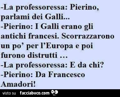 La professoressa: Pierino, parlami dei galli&hellip; Pierino: i galli erano gli antichi francesi. Scorrazzarono un po' per l'europa e poi furono distrutti. La professoressa: e da chi? Pierino: da francesco amadori