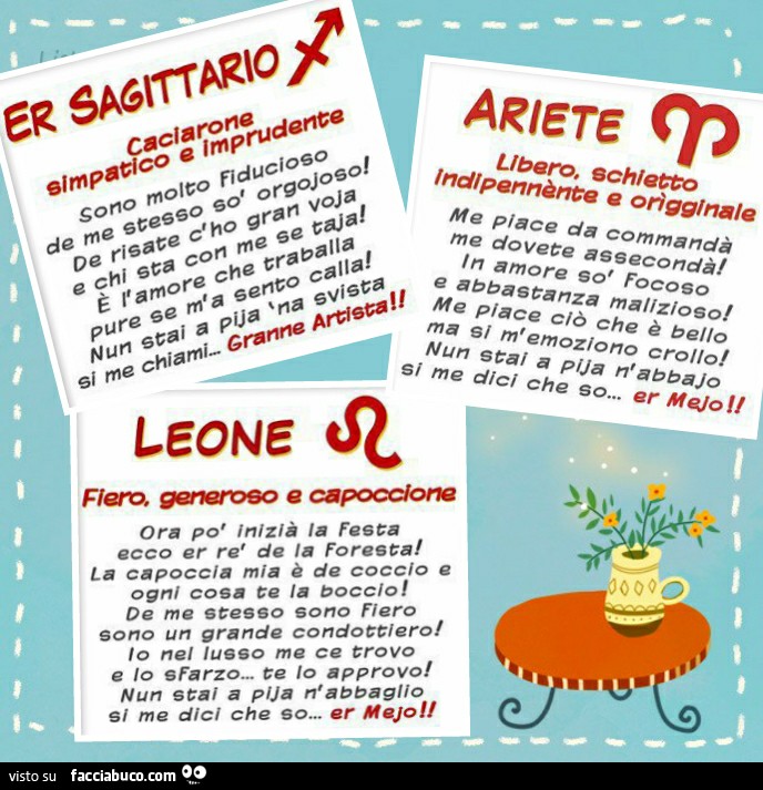 Oroscopo in dialetto romano per i segni Sagittario, Ariete e Leone