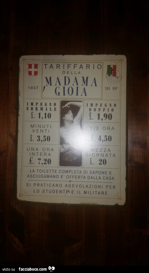 Tariffario della Madama Gioia