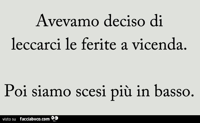 Avevamo deciso di leccarci le ferite a vicenda. Poi siamo scesi più in basso