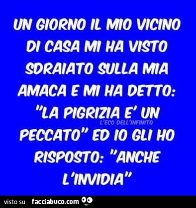 Un giorno il mio vicino di casa mi ha visto sdraiato sulla mia amaca e mi ha detto: la pigrizia è un peccato. Ed io gli ho risposto: anche l'invidia