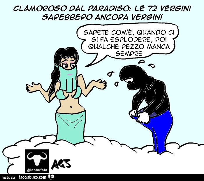 Clamoroso dal paradiso: le 72 vergini sarebbero ancora vergini. Sapete com'è, quando ci si fa esplodere, poi qualche pezzo manca sempre