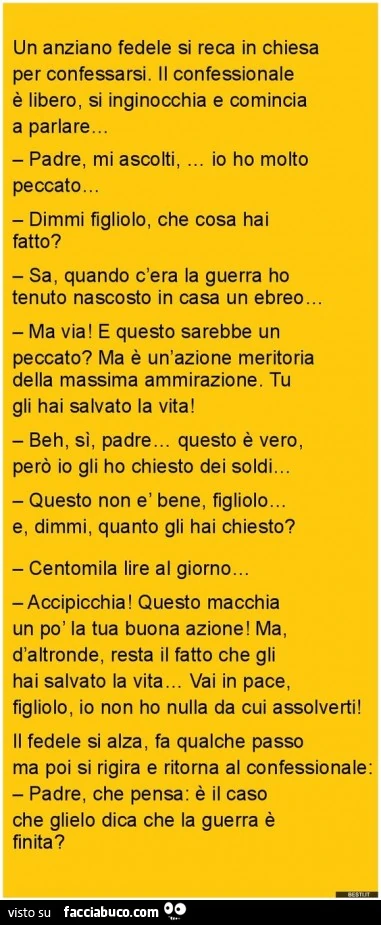 Un anziano fedele si reca in chiesa per confessarsi. Il confessionale è libero, si inginocchia e comincia a parlare