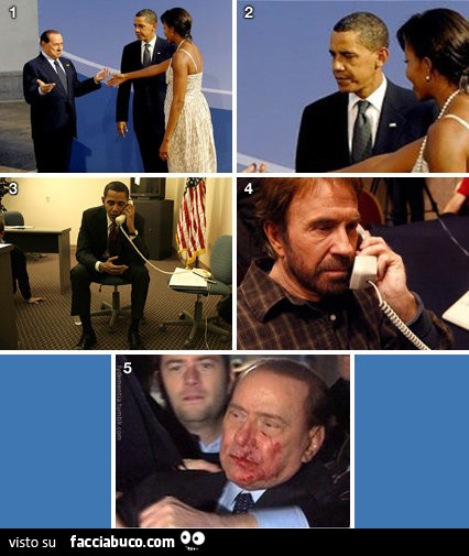Berlusconi commenta la bellezza della moglie di Obama. Obama chiama Chuck Norris . Silvio Berlusconi ha la faccia salguinante