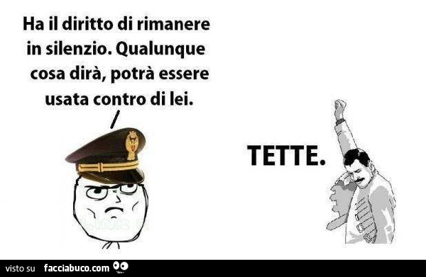 Ha il diritto di rimanere in silenzio. Qualunque cosa dirà potrà essere usata contro di lei. Tette