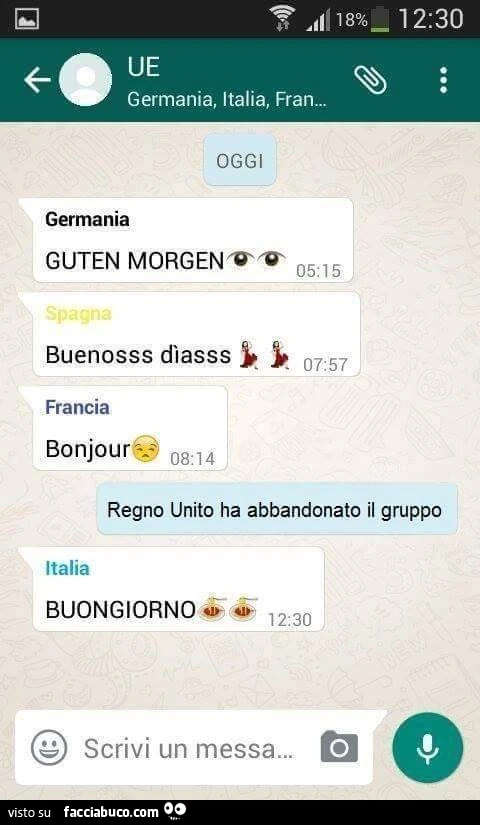 Guten Morgen. Buenosss diasss. Bonjour. Regno Unito ha abbandonato il gruppo. Buongiorno