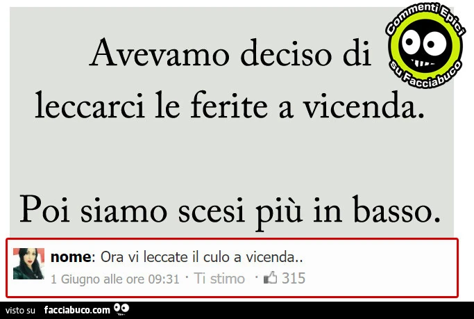 Avevamo deciso di leccarci le ferite a vicenda. Poi siamo scesi più in basso. Ora vi leccate il culo a vicenda