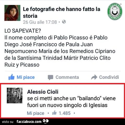 Lo sapevate? Il nome completo di Pablo Picasso è Pablo Diego Josè Francisco de Paula Juan&hellip; se ci metti anche un bailando viene fuori un nuovo singolo di Iglesias