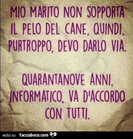 Mio marito non sopporta il pelo del cane, quindi purtroppo devo darlo via. Quarantanove anni, informatico, va d'accordo con tutti