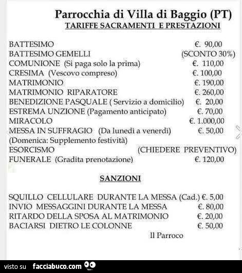 Parrocchia di villa di baggio, tariffe sacramenti e prestazioni