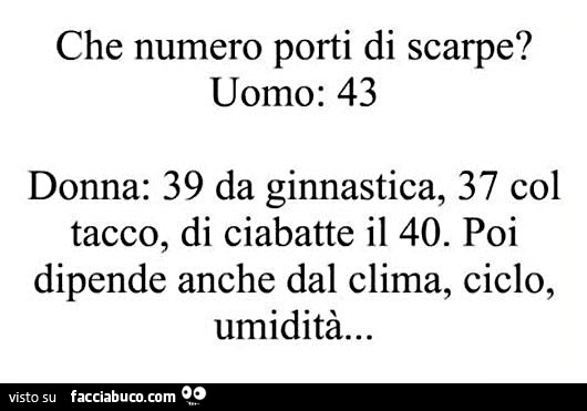 Che numero porti di scarpe? Uomo: 43. Donna: 39 da ginnastica, 37 col tacco, di ciabatte il 40. Poi dipende anche dal clima, ciclo, umidità