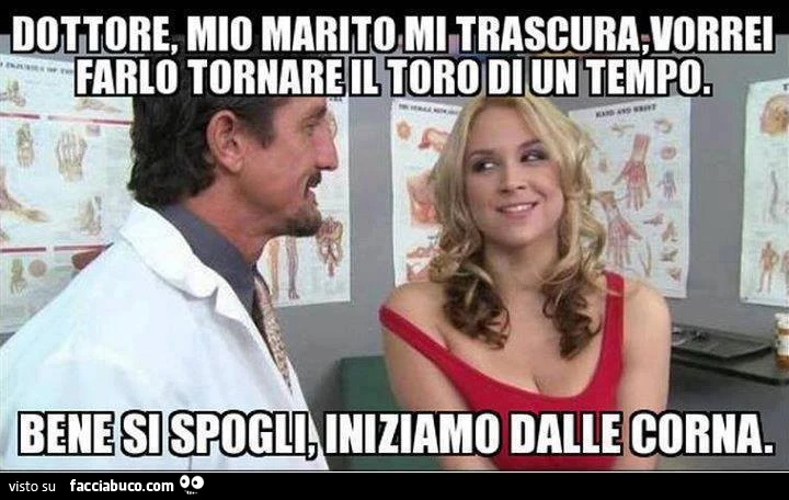 Dottore, mio marito mi trascura, vorrei farlo tornare il toro di un tempo. Bene si spogli, iniziamo dalle corna