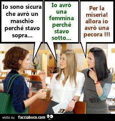 Io sono sicura che avrò un maschi perchè stavo sopra. Io avrò una femmina perchè stavo sotto. Per la miseria allora io avrò una pecora