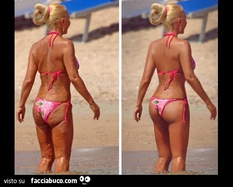 Donatella Versace in bikini al mare con e senza Photoshop