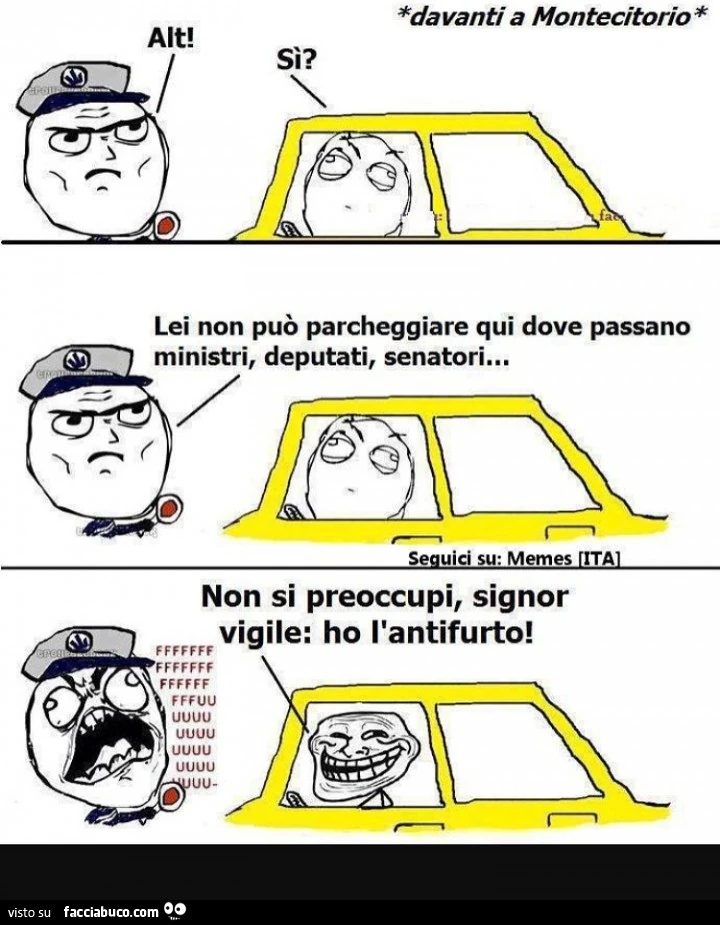 Davanti a Montecitorio. Alt. Si? Lei non può parcheggiare qui dove passano ministri, deputati, senatori. Non si preoccupi, signor vigile: ho l'antifurto