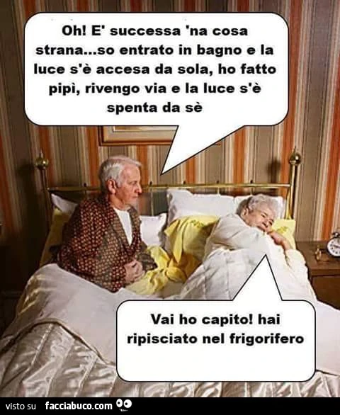 Oh! È Successa na cosa strana. So entrato in bagno e la luce s'è accesa da sola, ho fatto pipì, rivengo via e la luce s'è spenta da sè. Vai ho capito, hai ripisciato nel frigorifero