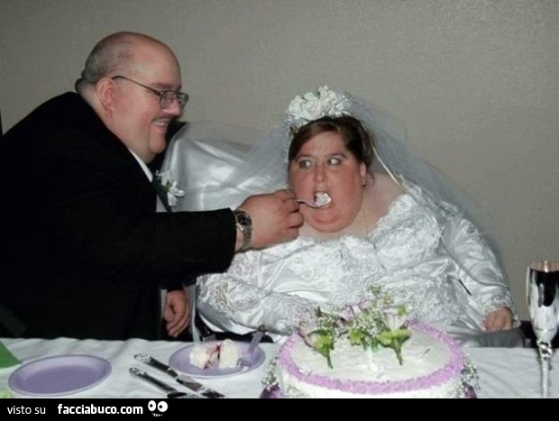 Sposo ciccione imbocca la torta alla sposa cicciona