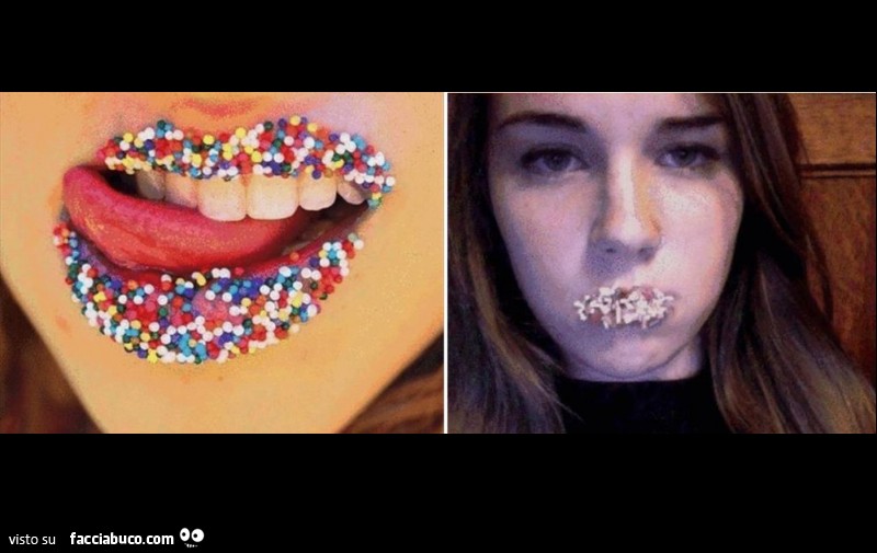 Palline zuccherose da dolci sulle labbra come fosse rossetto