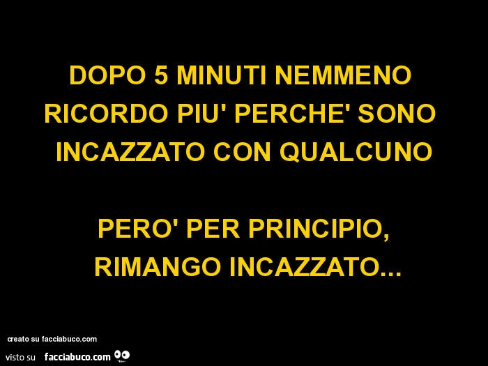 Dopo 5 minuti nemmeno ricordo più perchè sono incazzato con qualcuno però per principio, rimango incazzato