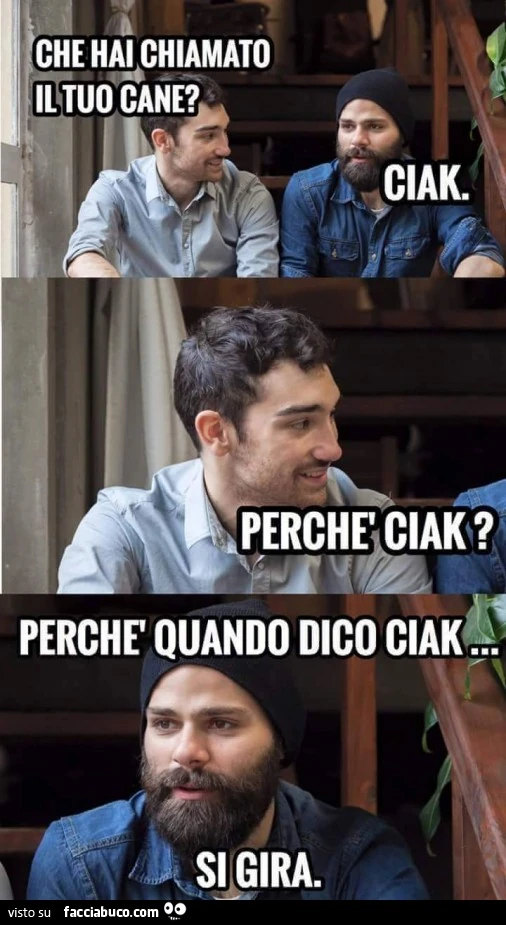 Che hai chiamato il tuo cane? Ciak. Perchè Ciak? Perchè quando dico Ciak, si gira